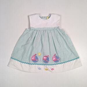 Vtg Sears Dress Girls Sz 24m Blue Gingham 90s Sailboat Sundress Travel Summer